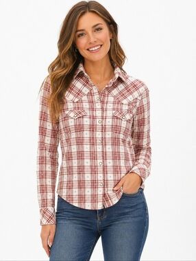 Roper Plaid Western Snap Shirt XS Red Cream Cowgirl Rodeo Top